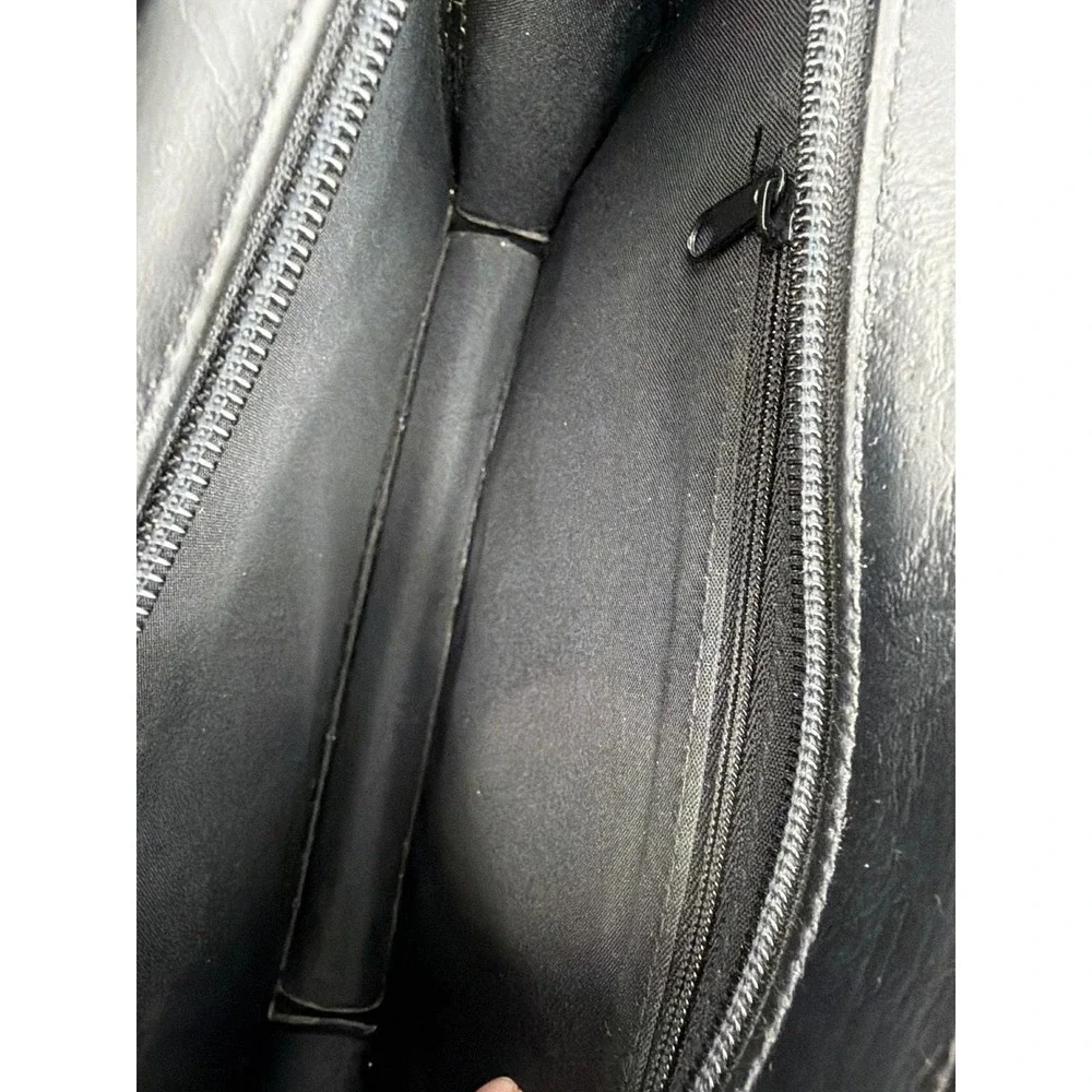Vtg Black Faux Leather Multi Compartment Bag Handle Satchel No‎ Shoulder Strap